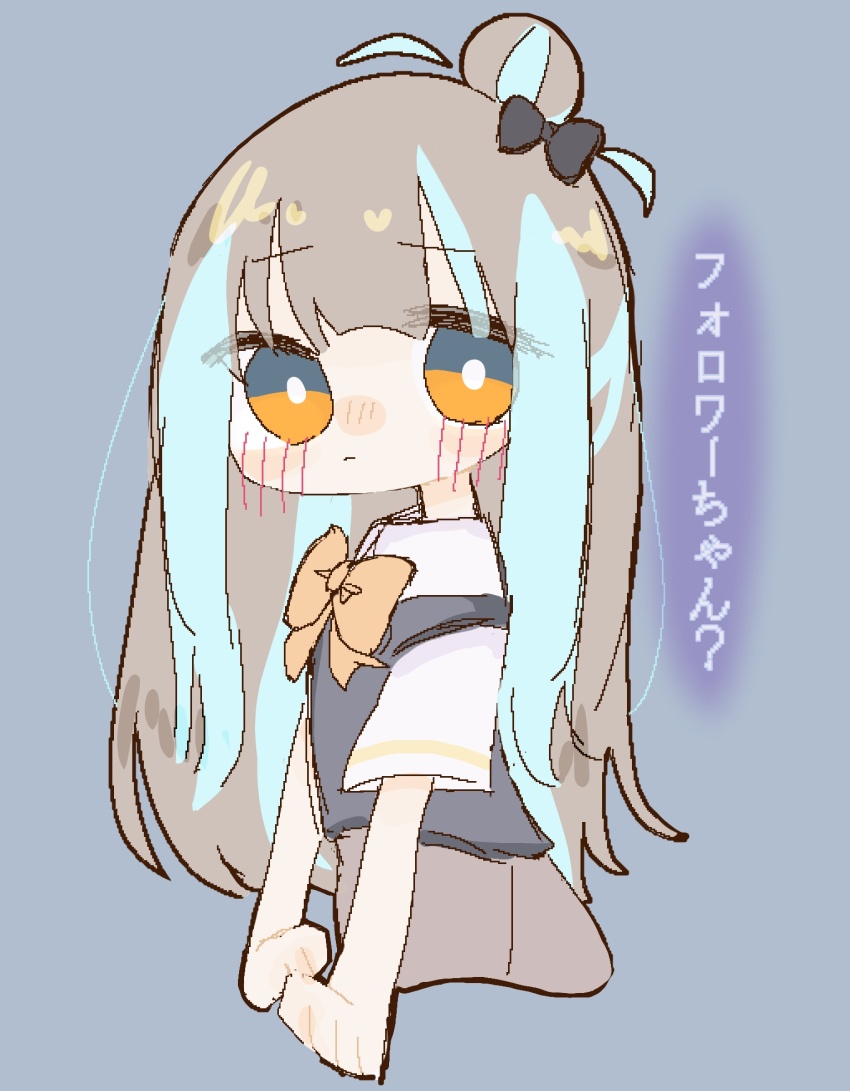 1girl, ahoge, black_bow, blue_hair, blunt_bangs, blush, bow, bowtie