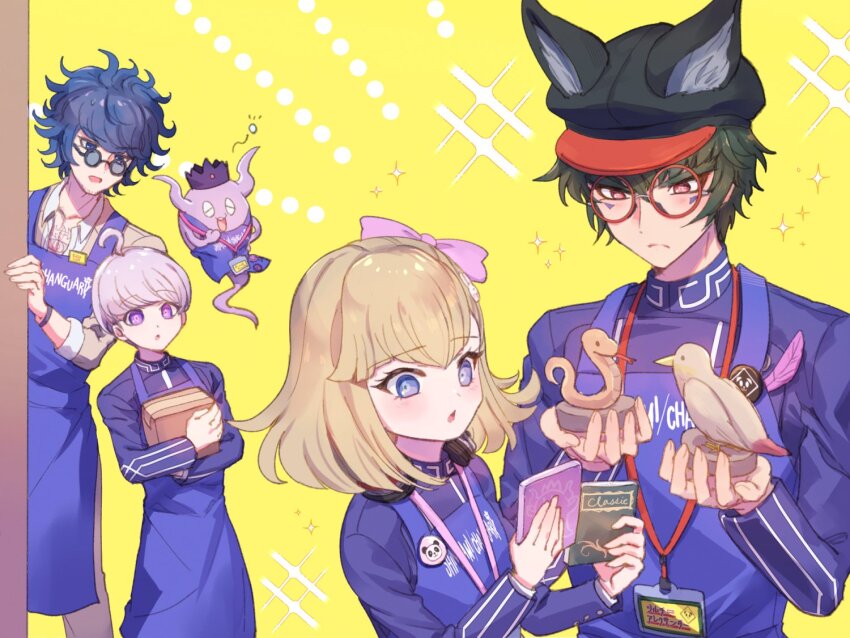 1girl, 3boys, animal_ears, animal_hat, apron, bird, black_hat, blonde_hair