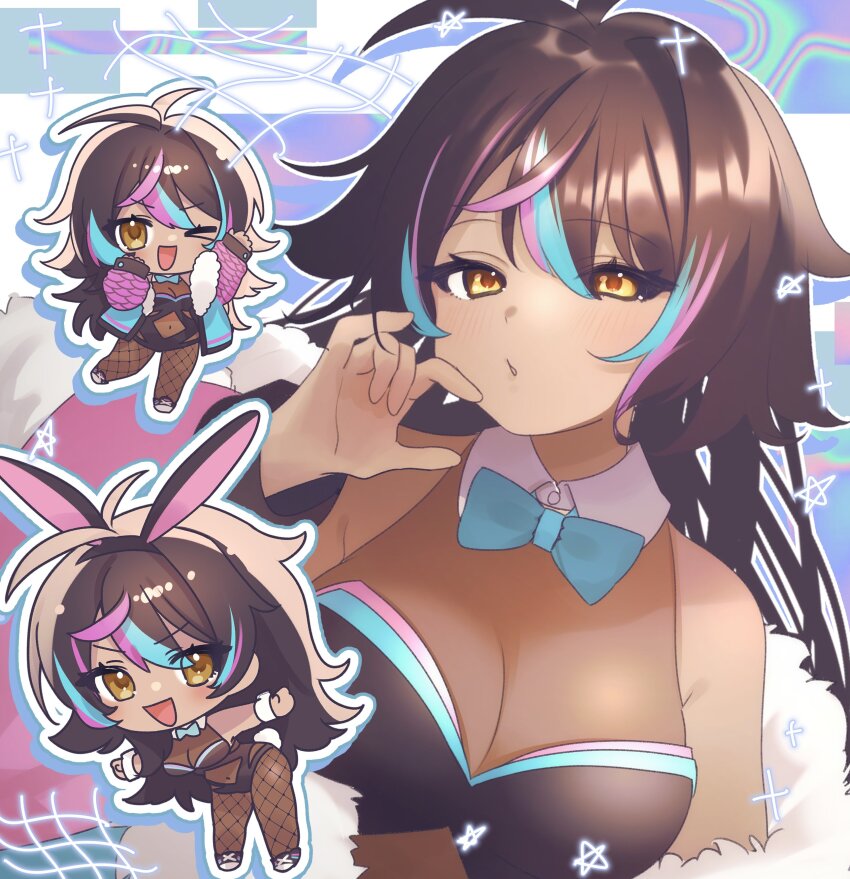 >_o, 1girl, absurdres, animal_ears, antenna_hair, black_leotard, blue_bow, blue_bowtie