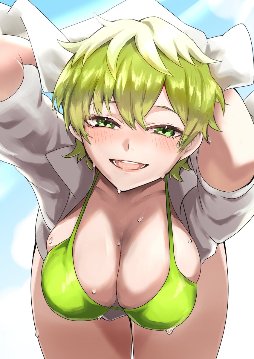 1girl, absurdres, bikini, blue_background, blue_sky, breasts, green_bikini, green_eyes, green_hair, green_pupils, highres, izumo_tenka, leaning_forward, looking_at_viewer, mato_seihei_no_slave, open_clothes, shirt, sky, solo, swimsuit, water_drop, wet, white_shirt, yamada_otonari