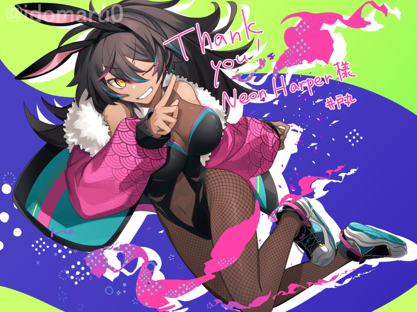 1girl, animal_ears, black_hair, black_leotard, blue_hair, blue_jacket, bodystocking, breasts