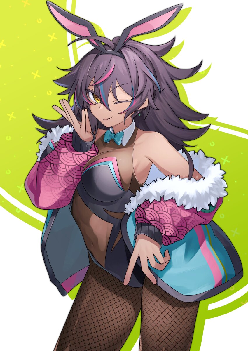 1girl, absurdres, ahoge, animal_ears, black_hair, black_leotard, blue_bow, blue_bowtie, blue_hair, blue_jacket, bodystocking, bow, bowtie, breasts, clothing_cutout, collar, commission, covered_navel, earrings, fake_animal_ears, fishnet_pantyhose, fishnets, fur-trimmed_jacket, fur_trim, green_background, hair_between_eyes, highres, idomaru0, indie_virtual_youtuber, jacket, jewelry, leotard, multicolored_hair, multicolored_jacket, neon_harper, off_shoulder, one_eye_closed, pantyhose, pink_hair, pink_sleeves, playboy_bunny, rabbit_ears, second-party_source, skeb_commission, solo, stomach_cutout, streaked_hair, tongue, two-tone_background, virtual_youtuber, white_background, white_collar, yellow_eyes