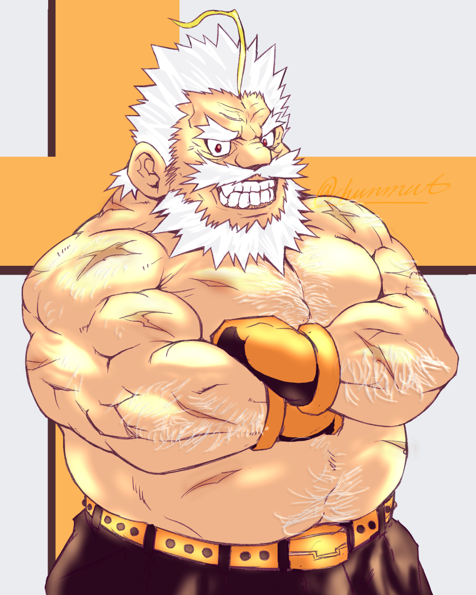 1boy, antenna_hair, bara, beard, belly, belt, character_request, cowboy_shot