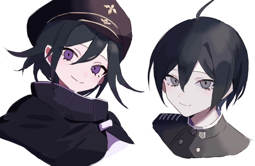 2boys, ahoge, black_cape, black_hair, black_hat, black_jacket, cape, cropped_shoulders