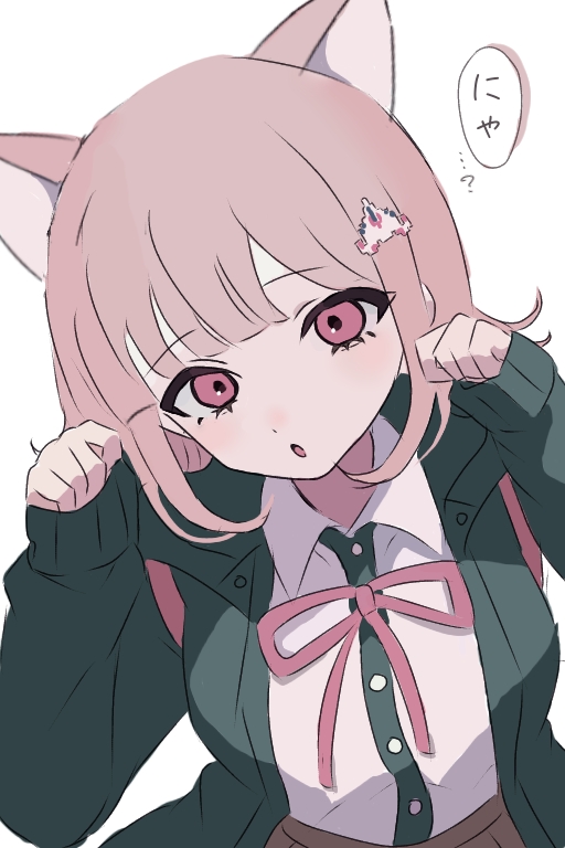 1girl, :o, animal_ears, backpack, bag, brown_hair, brown_skirt, cat_ears, cat_girl, danganronpa_(series), danganronpa_2:_goodbye_despair, dress_shirt, green_shirt, hands_up, medium_hair, miniskirt, nagi_(user_kxkw7854), nanami_chiaki, neck_ribbon, paw_pose, pink_eyes, pink_ribbon, pleated_skirt, ribbon, shirt, skirt, solo, speech_bubble, translated, two-tone_shirt, white_shirt