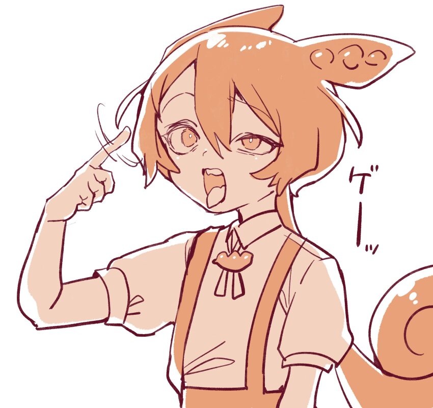 1girl, arm_at_side, brooch, collared_shirt, commentary_request, cuckoo_gesture, finger_twirl, hamusuta_(hamuchan_dayo)