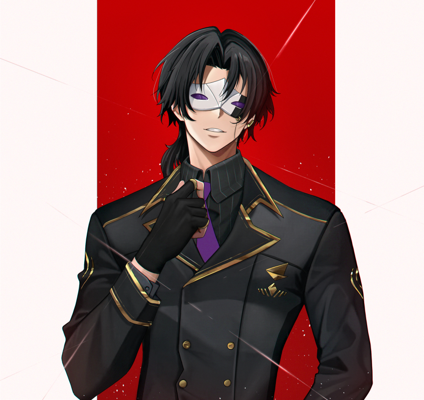 1boy, black_gloves, black_hair, black_shirt, black_suit, buttons, cid_kagenou, cid_kagenou_(john_smith), collar, collared_shirt, cropped_torso, fingerless_gloves, formal_clothes, gloves, gold, grin, highres, kage_no_jitsuryokusha_ni_naritakute!, logo, looking_at_viewer, male_focus, mask, medium_hair, necktie, nervi_fd, purple_necktie, shirt, smile, string, suit, teeth, torso
