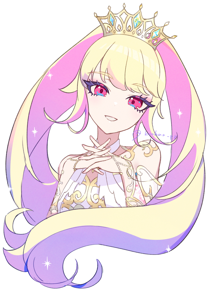 1girl, bare_shoulders, blonde_hair, commentary_request, cropped_torso, crown, gradient_hair, hands_up