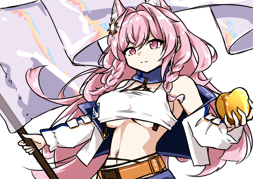 1girl, absurdres, animal_ears, apple, arknights, bare_shoulders, belt, braid
