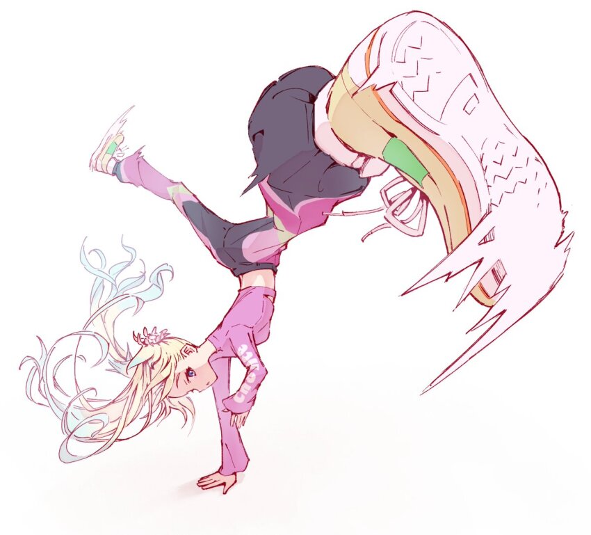 1girl, baggy_pants, black_pants, blonde_hair, blue_eyes, blue_hair, cropped_shirt, floating_hair