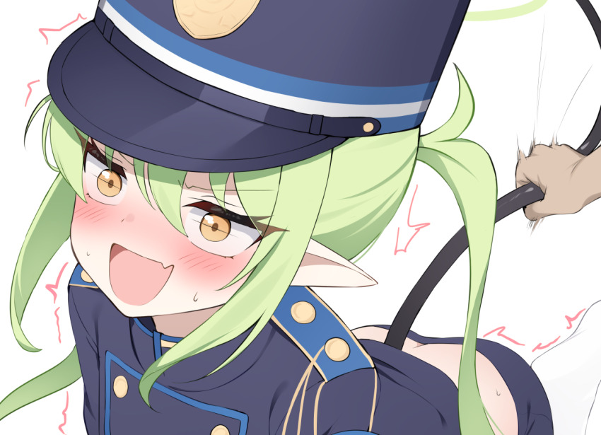1girl, bitseon, black_tail, blue_archive, blush, commentary, demon_tail, flat_chest, green_hair, hair_between_eyes, loli, nozomi_(blue_archive), open_mouth, pointy_ears, punishment, revision, squirming, sweat, tail, tail_grab, train_conductor, white_background, yellow_eyes