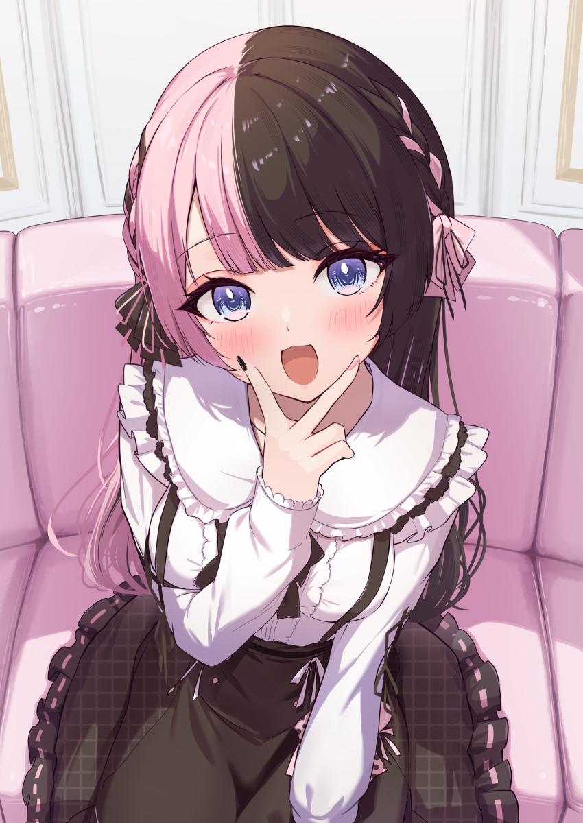 1girl, absurdres, black_hair, black_nails, black_skirt, blue_eyes, blush, braid