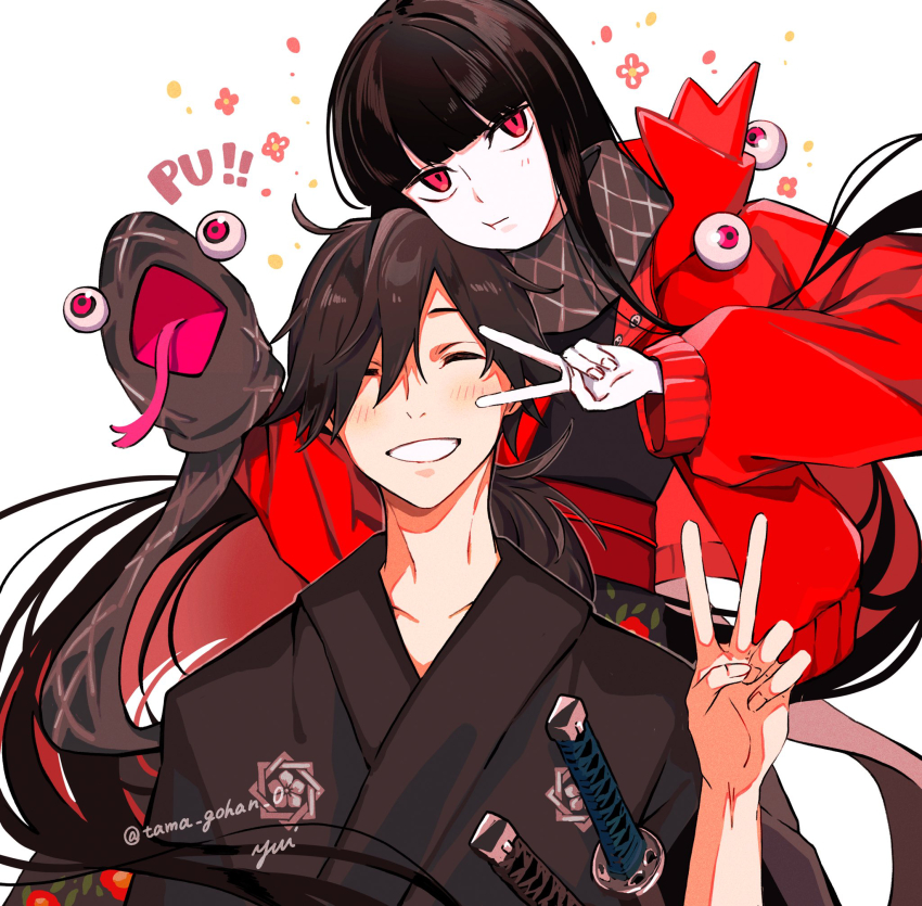 1boy, 1girl, baggy_clothes, bellflower, black_hair, black_kimono, blunt_bangs, camellia_print