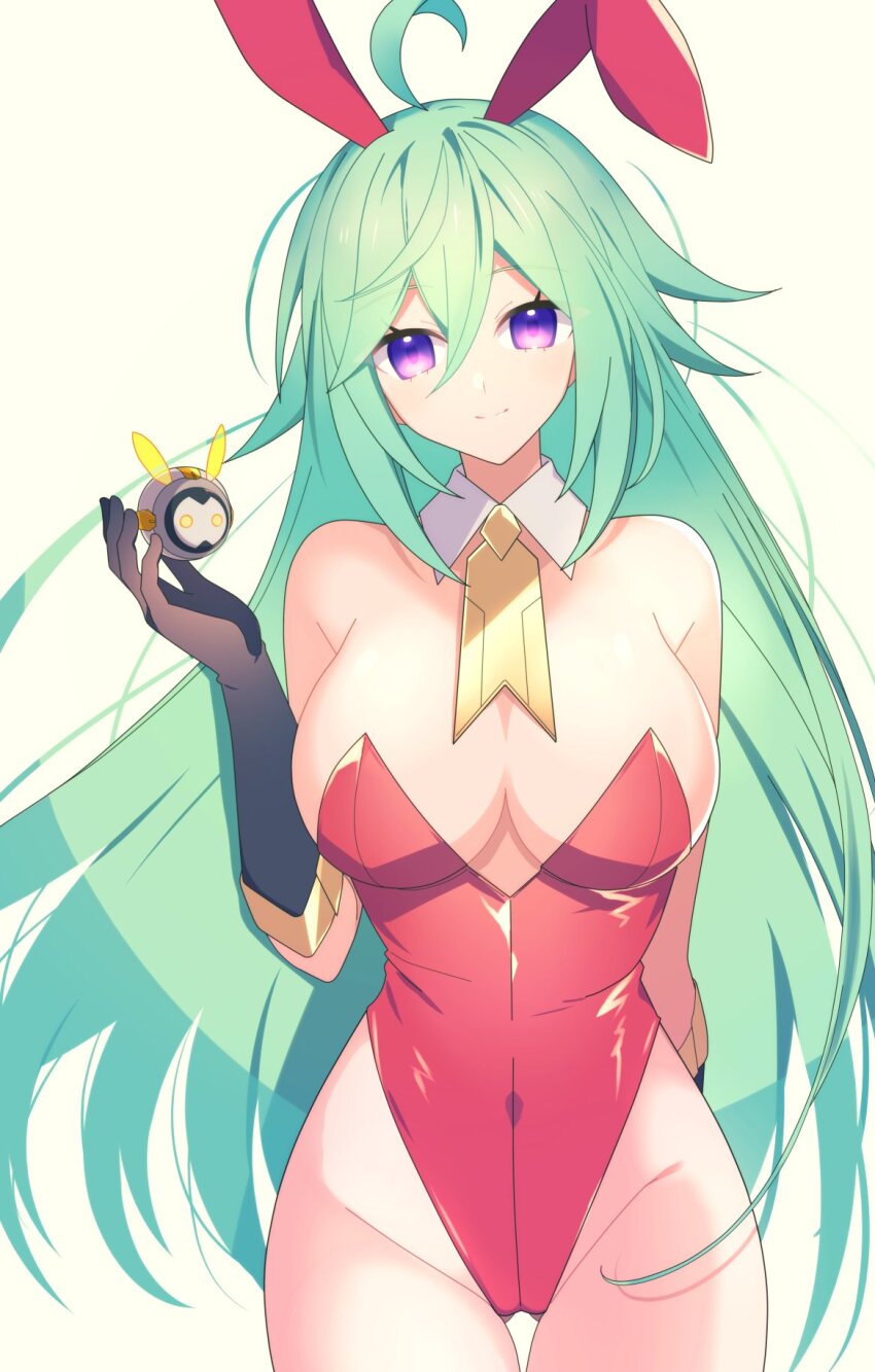 ahoge, animal_ears, arm_behind_back, azure_striker_gunvolt, bare_shoulders, breasts, covered_navel, cowboy_shot, fake_animal_ears, grey_hair, gunvolt_chronicles_luminous_avenger_ix, highleg, highleg_leotard, highres, large_breasts, leotard, lololotton, looking_at_viewer, mother_(luminous_avenger_ix), necktie, playboy_bunny, purple_eyes, rabbit_ears, red_leotard, roro_(gunvolt), simple_background, smile, white_background, yellow_necktie