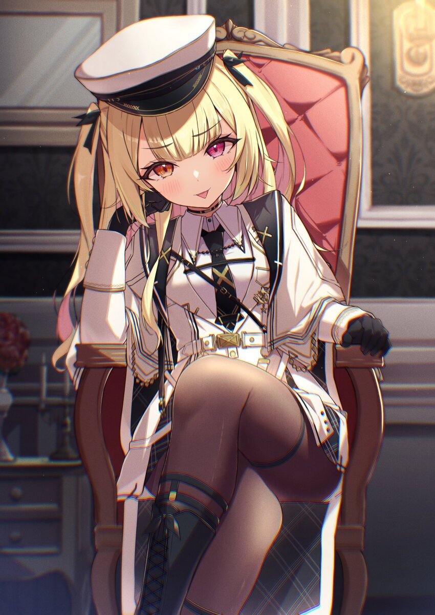 1girl, :p, absurdres, armchair, belt, black_boots, black_gloves, black_necktie, blonde_hair, blush, boots, brown_pantyhose, chair, collared_shirt, crossed_legs, equal_(heartstrings), gloves, hat, head_rest, heterochromia, highres, hoshikawa_sara, hoshikawa_sara_(6th_costume), long_hair, long_sleeves, looking_at_viewer, military_hat, military_uniform, necktie, nijisanji, official_alternate_costume, orange_eyes, pantyhose, peaked_cap, pink_eyes, shirt, sitting, smile, solo, thigh_strap, tongue, tongue_out, virtual_youtuber, white_belt, white_shirt