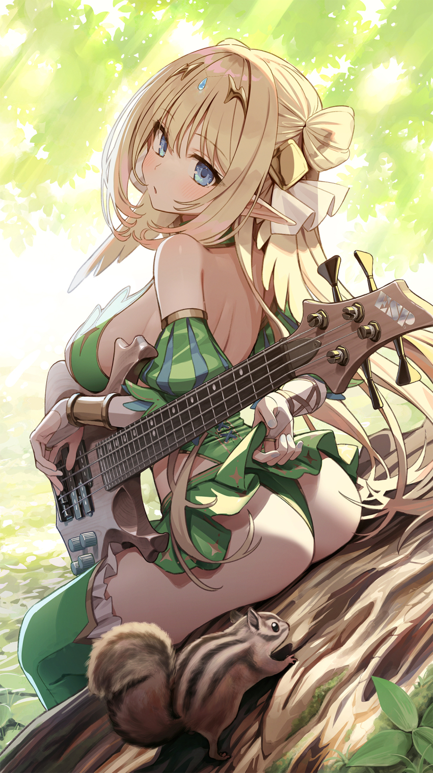 1girl, animal, ass, bare_back, bare_shoulders, bass_guitar, blonde_hair, blue_eyes