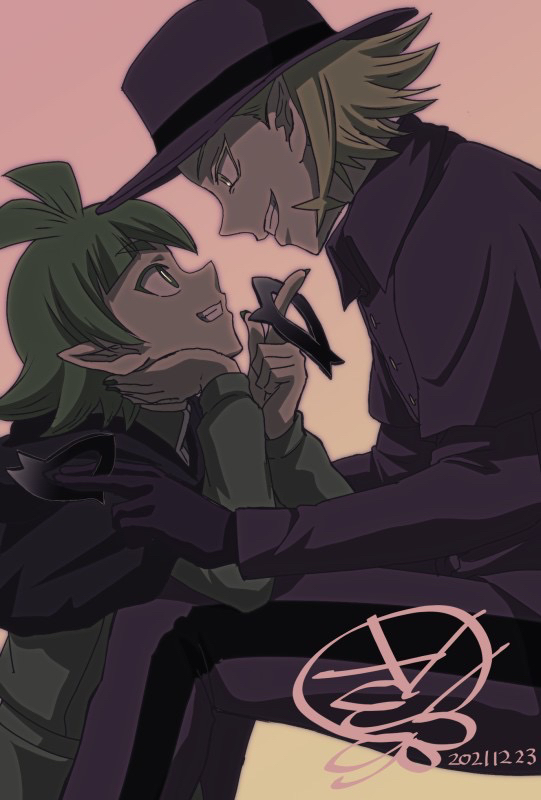 2boys, bars_robin, black_gloves, blonde_hair, dated, eye_contact, gloves, green_eyes, green_hair, green_shirt, grin, hat, invisible_chair, long_sleeves, looking_at_another, mairimashita!_iruma-kun, male_focus, multiple_boys, orias_oswell, pointy_ears, profile, sberry15, shirt, sitting, smile
