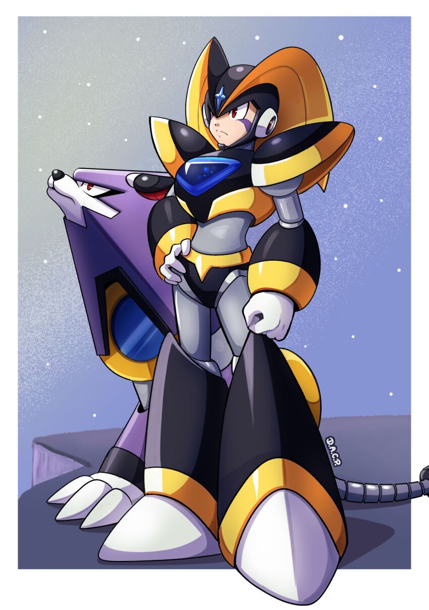 1boy, android, armor, artist_name, bass_(mega_man), bass_day, black_armor, black_footwear