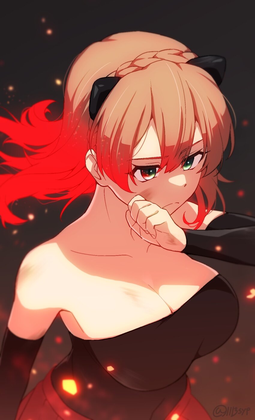 1113syp, 1girl, animal_ears, arm_at_side, assault_lily, bare_shoulders, black_background, black_shirt