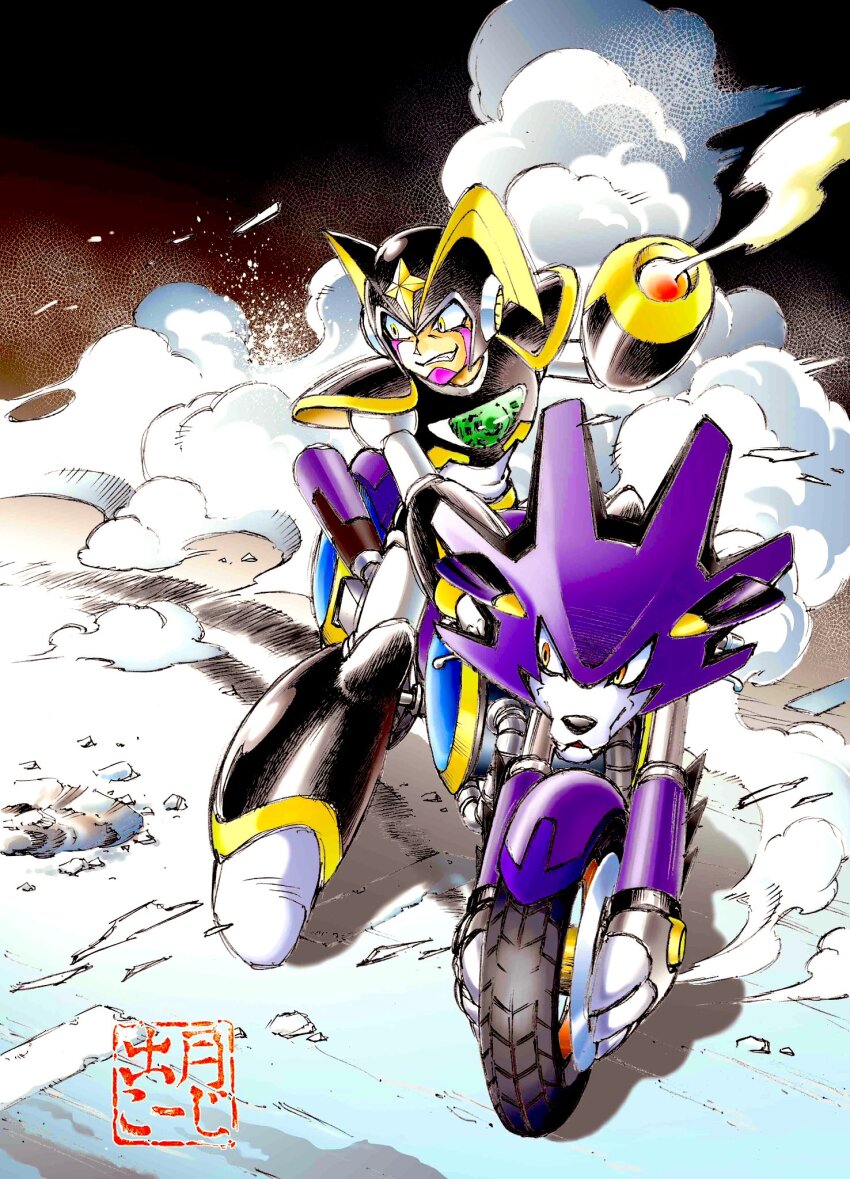 1boy, arm_cannon, armor, bass_(mega_man), bass_day, black_armor, black_helmet, chest_jewel