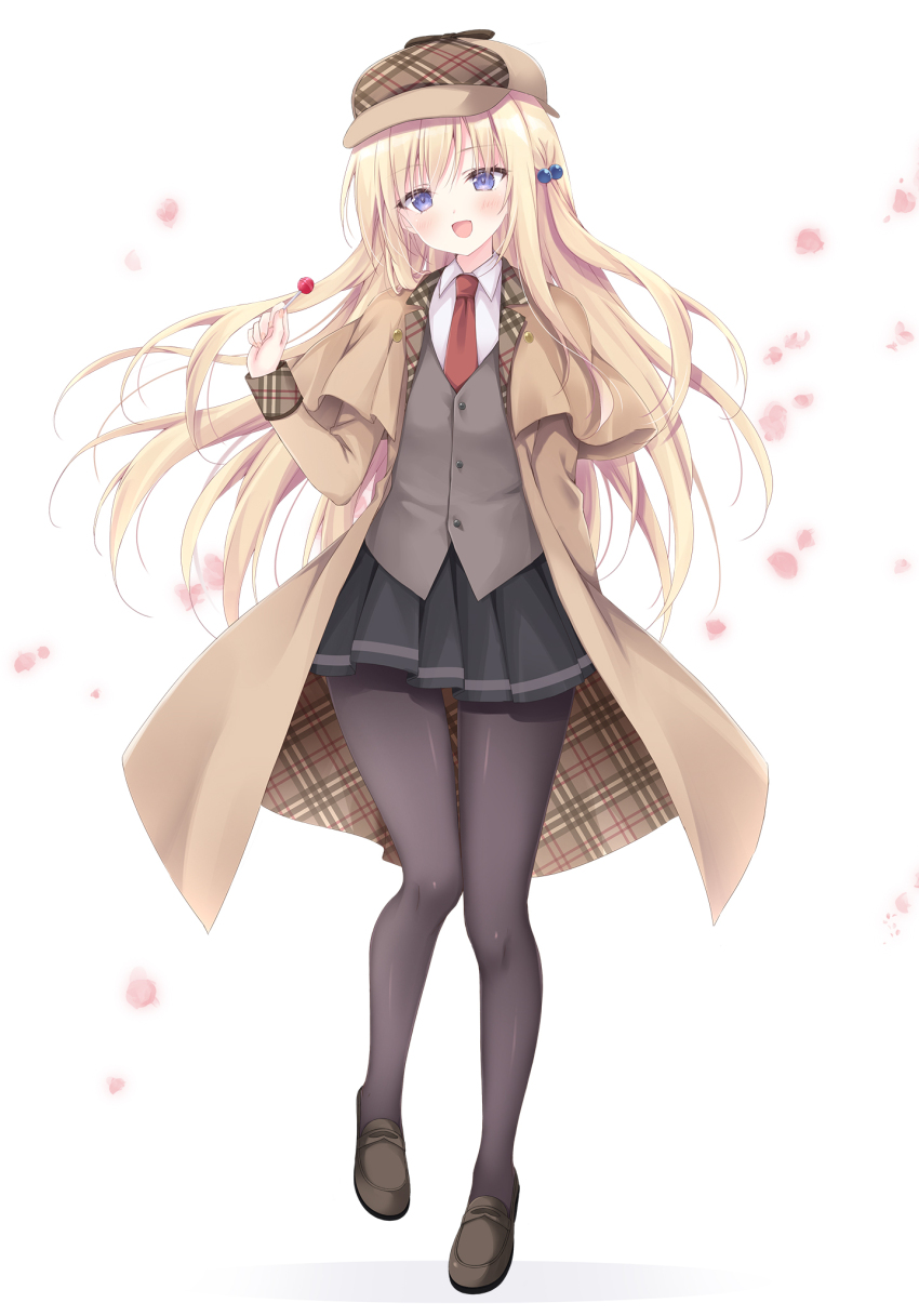 1girl, black_footwear, black_pantyhose, black_vest, blonde_hair, blush, brown_coat, brown_hat