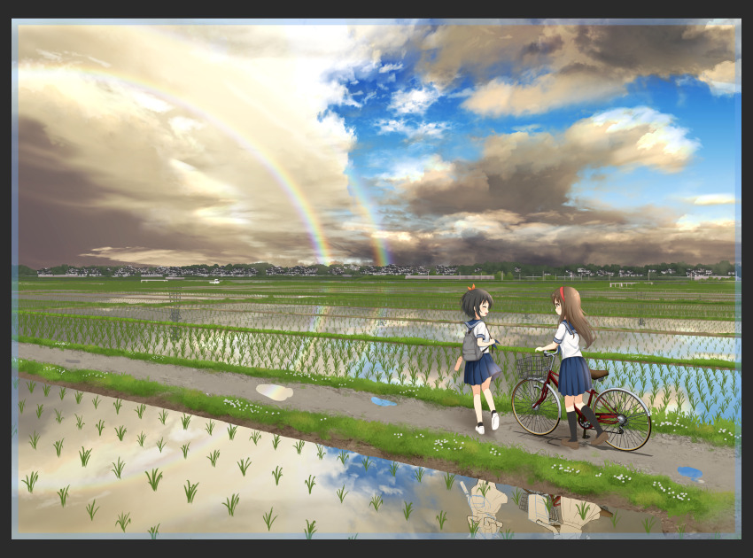 2girls, absurdres, ankle_socks, backpack, bag, bicycle, black_hair, black_socks