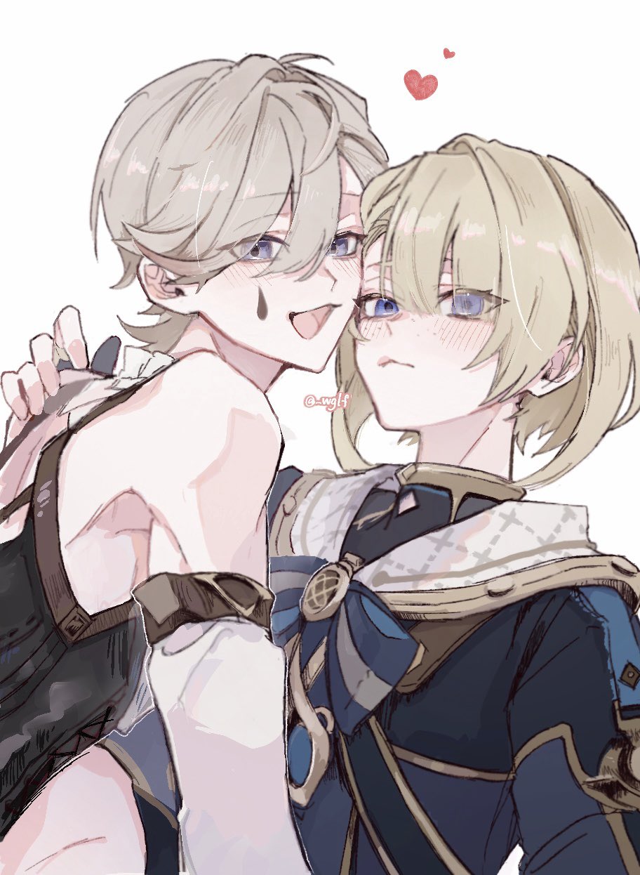 2boys, armpits, blonde_hair, blue_bow, blue_eyes, bow, closed_mouth, detached_sleeves