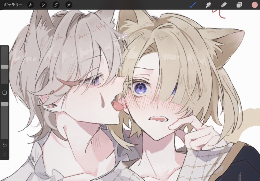 2boys, animal_ears, art_tools_in_frame, blonde_hair, blush, cat_boy, cat_ears, cat_tail, freminet_(genshin_impact), from_side, genshin_impact, grey_hair, hair_over_one_eye, highres, lyney_(genshin_impact), male_focus, multiple_boys, purple_eyes, short_hair, simple_background, tail, tattoo, teardrop_tattoo, tongue, tongue_out, upper_body, wglf, white_background, yaoi