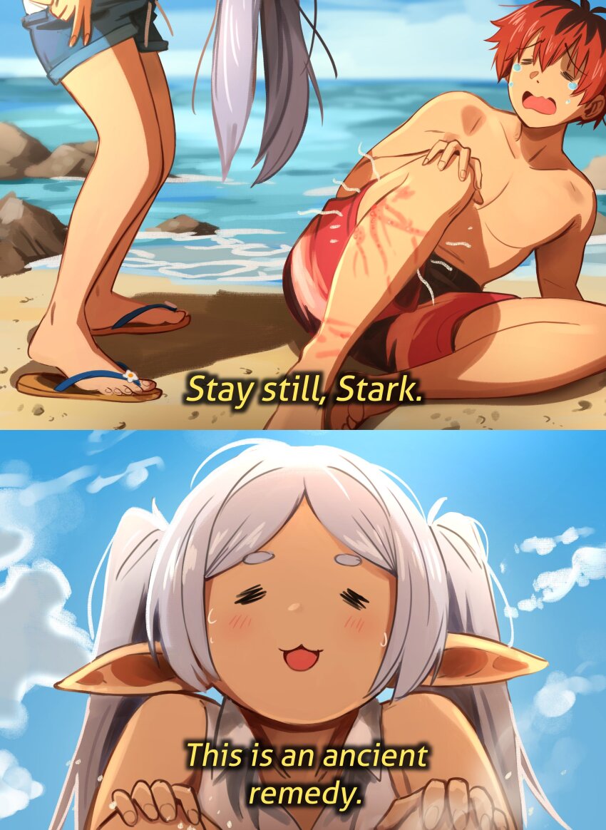 1boy, 1girl, absurdres, barefoot, bikini, blue_shorts, blue_sky, closed_eyes, clothes_pull, cloud, collarbone, commentary, crying, day, drawstring, elf, english_commentary, english_text, flip-flops, frieren, golden_shower, grey_hair, highres, imminent_peeing, impending_doom, implied_peeing, injury, khyle., long_hair, male_swimwear, multicolored_hair, ocean, on_ground, open_mouth, parted_bangs, peeing, pointy_ears, pulling_own_clothes, raised_eyebrows, red_hair, red_shorts, sandals, shirt, short_hair, short_shorts, shorts, shorts_pull, sky, sleeveless, sleeveless_shirt, sousou_no_frieren, stark_(sousou_no_frieren), subtitled, swim_trunks, swimsuit, tears, thick_eyebrows, thighs, topless_male, twintails, two-tone_hair, undressing, water, white_bikini, white_shirt