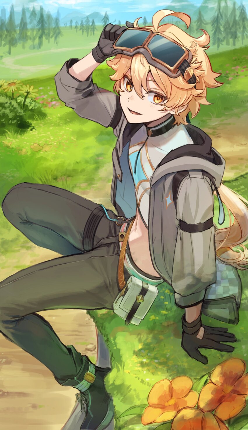 1boy, absurdres, adjusting_eyewear, aether_(genshin_impact), aether_(teyvat_turboflux)_(genshin_impact), ahoge, alternate_costume, bishounen