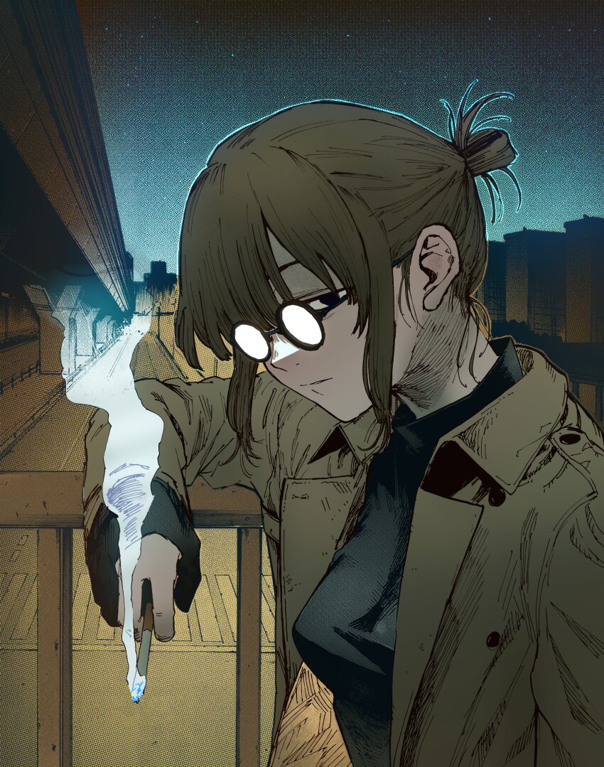 1girl, absurdres, black_eyes, black_sweater, breasts, brown_hair, cigarette, city, glasses, gloves, hair_behind_eyewear, highres, holding, holding_cigarette, looking_at_viewer, micao1750, night, opaque_glasses, partially_fingerless_gloves, partially_opaque_glasses, round_eyewear, short_hair, smoke, smoke_trail, smoking, solo, sweater, turtleneck, uguisu_anko, yofukashi_no_uta
