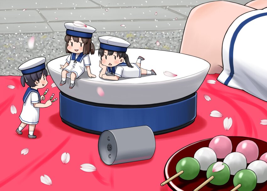 3girls, absurdres, black_hair, blue_sailor_collar, bob_cut, chibi, daitou_(kancolle), dango