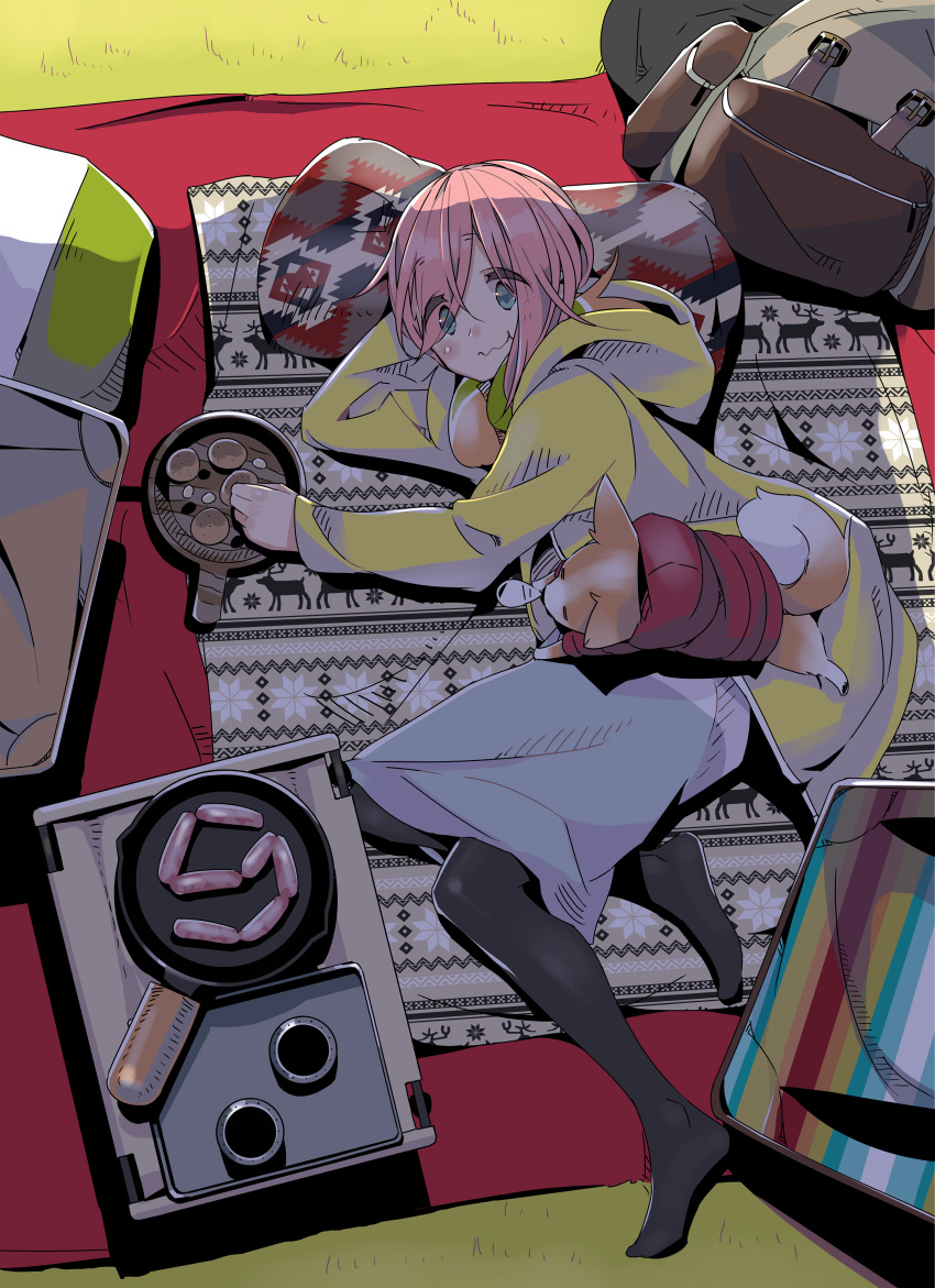 1girl, absurdres, afro_(kngotezo), backpack, bag, black_pantyhose, black_thighhighs, blanket