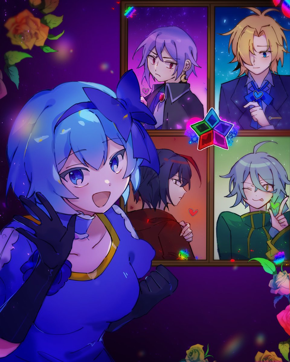 1girl, 4boys, :p, ascot, ashe_bradley, black_capelet, black_eyes, black_gloves