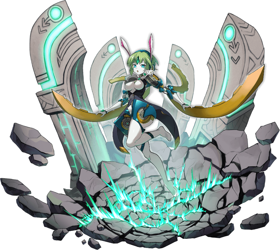 1girl, :o, android, animal_ears, artist_request, black_coat, blue_hairband, breasts, breasts_out, brynhildr_(mon-musu_quest!), coat, coattails, colored_skin, commentary_request, crack, cracked_floor, expressionless, fire, forehead_jewel, full_body, gears, gem, glowing, green_eyes, green_fire, green_gem, green_hair, hairband, hand_jewel, large_breasts, mars_symbol, mechabare, mon-musu_quest!, mon-musu_quest:_paradox, monster_musume_td, no_nipples, open_mouth, rabbit_ears, robot_ears, rock, short_hair, solo, tailcoat, third-party_source, transparent_background, venus_symbol, white_skin