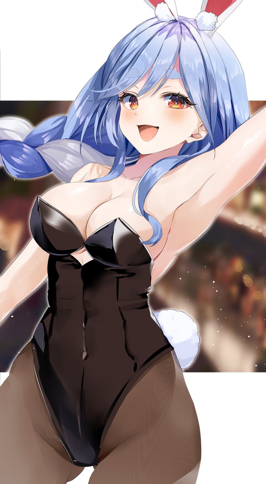 1girl, animal_ear_fluff, animal_ears, arm_up, black_pantyhose, blue_hair, blurry, blurry_background