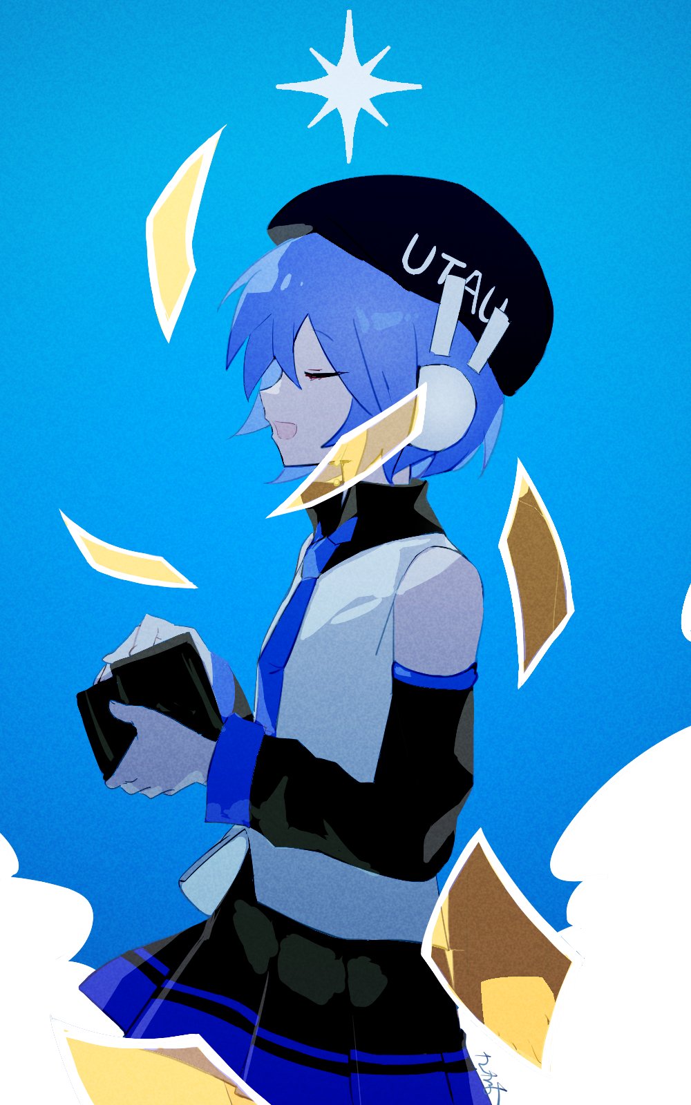 1girl, alternate_hair_color, beret, black_hat, black_skirt, blue_hair, blue_necktie, blue_sky