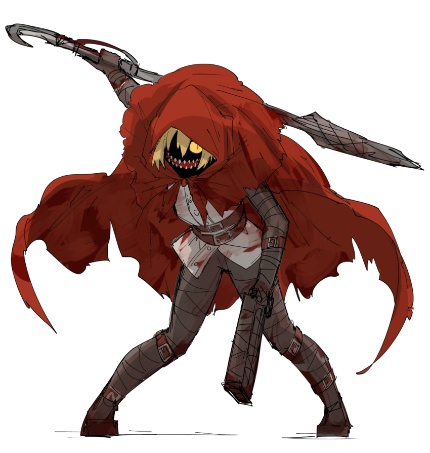 belt, blonde_hair, blood, blood_on_clothes, cloak, crimson_scar_(e.g.o), don_quixote_(project_moon), e.g.o_(project_moon), full_body, glowing, glowing_eye, gun, holding, holding_gun, holding_weapon, kankan33333, limbus_company, little_red_riding_hooded_mercenary, multiple_belts, orange_eyes, project_moon, puffy_pants, red_cloak, scar, scar_on_face, shaded_face, sharp_teeth, shoes, short_hair, smile, teeth, weapon, weapon_request