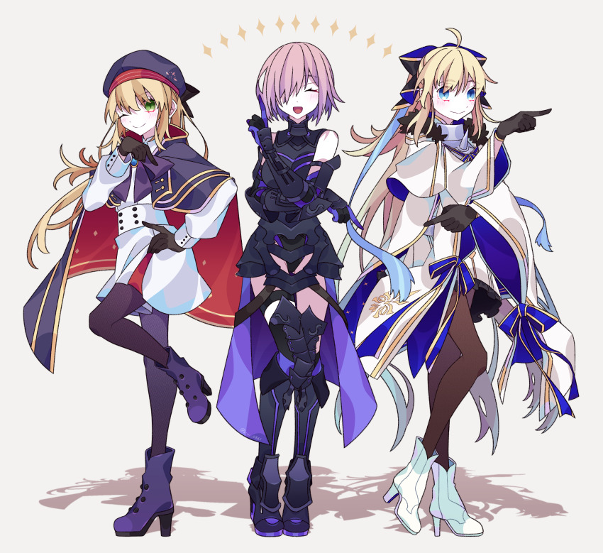 3girls, absurdres, aesc_(fate), aesc_(savior)_(fate), ahoge, armor, armored_dress, armored_leotard