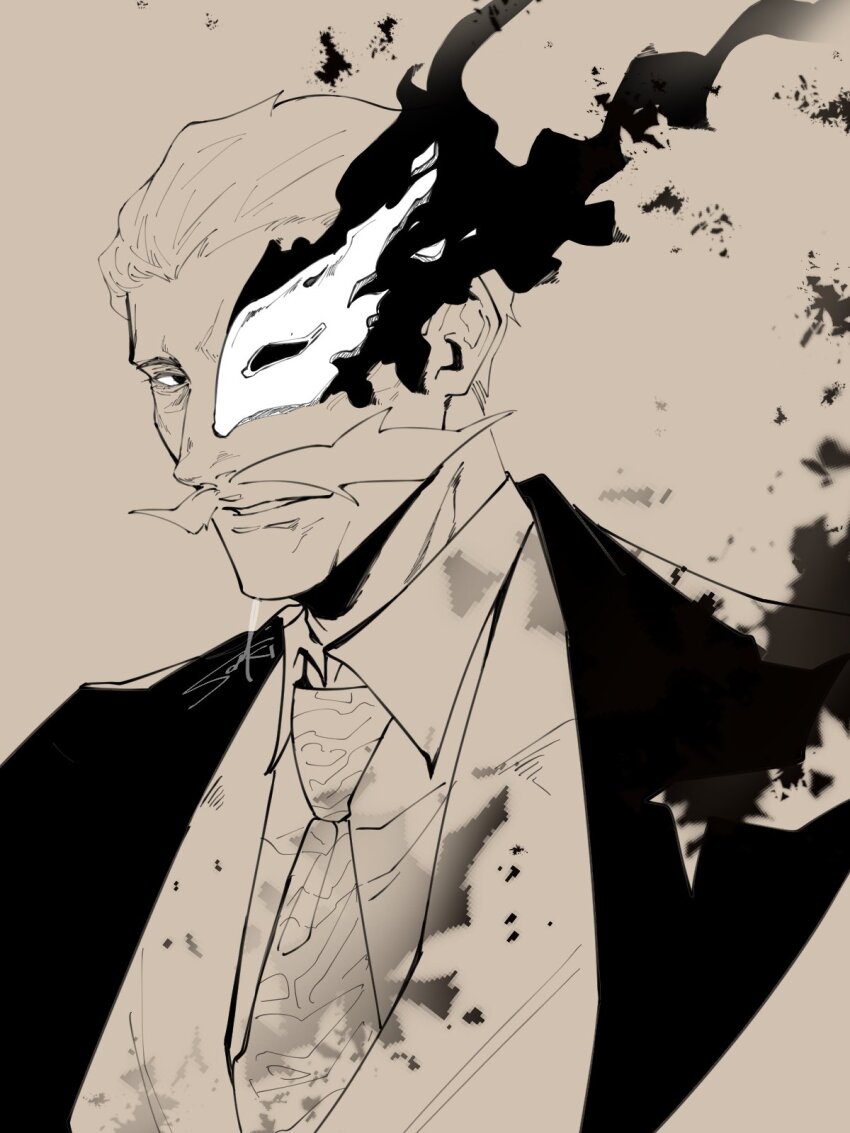 1boy, facial_hair, hair_slicked_back, highres, kagurabachi, looking_at_viewer, male_focus, mask, mature_male, monochrome, mustache, necktie, sazanami_kyora, solo, souki1203, upper_body