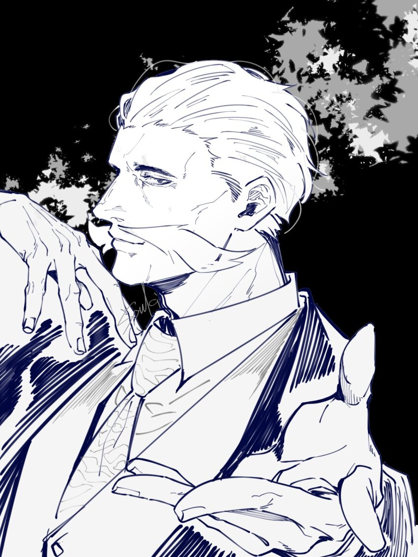 1boy, facial_hair, formal_clothes, greyscale, hair_slicked_back, hands_up, highres, kagurabachi