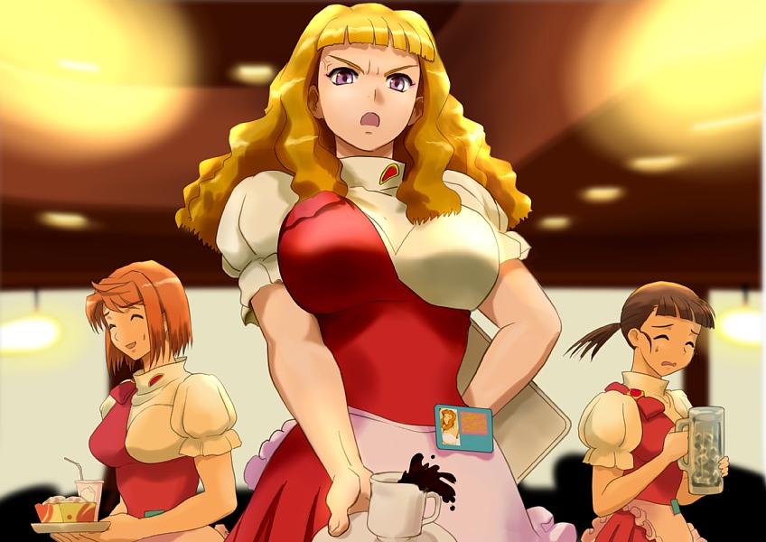 00s, 3girls, anger_vein, blonde_hair, breasts, brown_hair, coffee, fumizuki_hajime, fuzuki_hajime, higurashi_akane, large_breasts, multiple_girls, my-hime, name_tag, orange_hair, pleated_skirt, ponytail, pov, purple_eyes, skirt, suzushiro_haruka, sweat, tokiha_mai, waitress