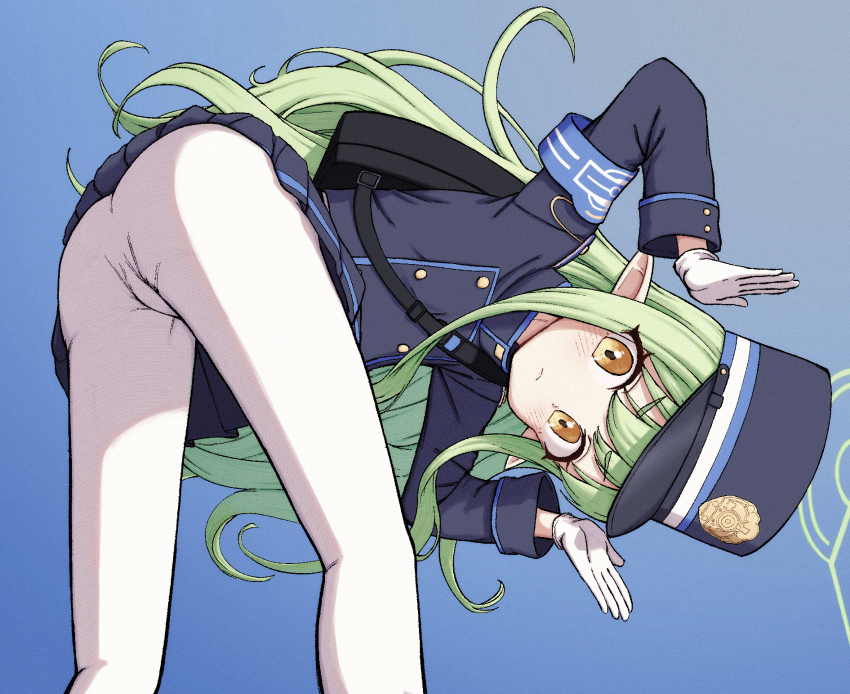 1girl, armband, ass, bent_over, blue_archive, blue_armband, blue_background, blush, clothes_lift, commentary_request, gloves, green_hair, halo, hat, hikari_(blue_archive), highres, jacket, long_hair, looking_at_viewer, paid_reward_available, pantyhose, peaked_cap, poikuru, pointy_ears, sidelocks, simple_background, skirt, skirt_lift, solo, train_conductor, white_gloves, white_pantyhose, yellow_eyes