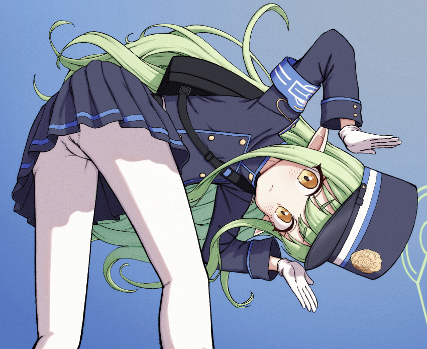 1girl, armband, bent_over, blue_archive, blue_armband, blue_background, blush, commentary_request, gloves, green_hair, halo, hat, hikari_(blue_archive), highres, jacket, long_hair, looking_at_viewer, paid_reward_available, pantyhose, peaked_cap, poikuru, pointy_ears, sidelocks, simple_background, skirt, solo, train_conductor, white_gloves, white_pantyhose, yellow_eyes