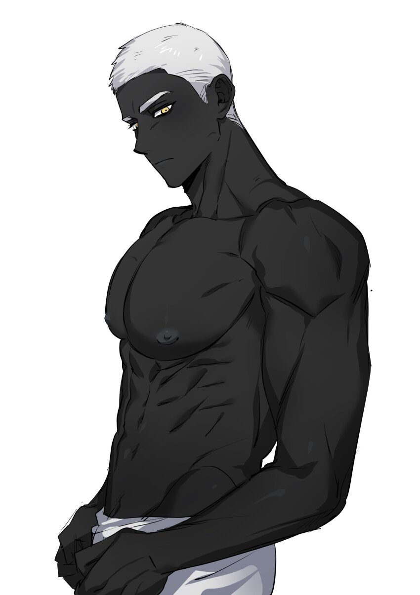 1boy, abs, absurdres, bara, black_skin, check_copyright, colored_skin, copyright_request