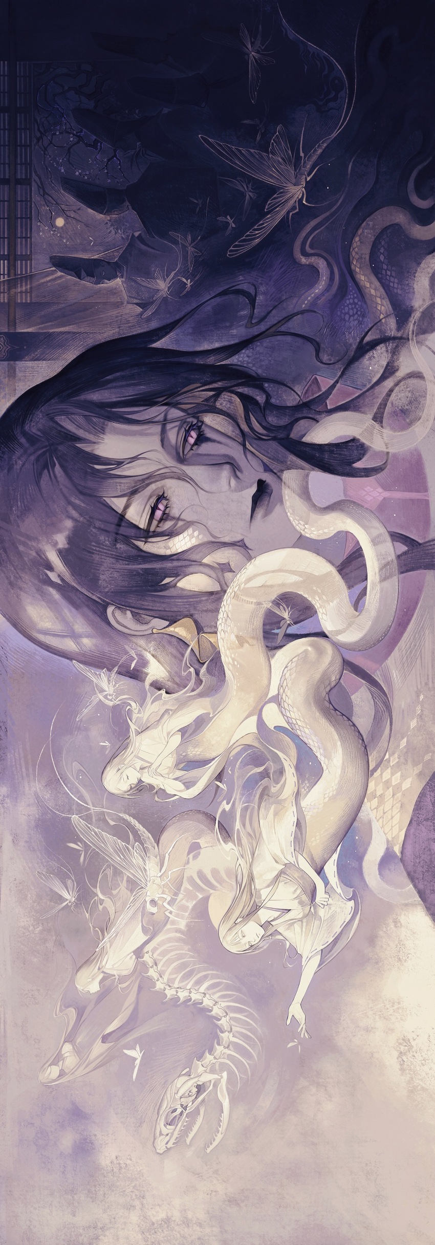 4girls, 6+boys, absurdres, animal_skeleton, black_lips, bug, closed_eyes, colored_skin, commentary, dragonfly, expressionless, from_side, full_moon, hat, highres, huli_xiaobai, insect, japanese_clothes, kimono, lamia, long_hair, male_focus, medium_hair, monster_girl, moon, multiple_boys, multiple_girls, onmyoji, orochi_(onmyoji), outstretched_arm, pink_eyes, portrait, purple_hair, scales, sideways, slit_pupils, snake, solo_focus, untranslatable_commentary, tree, wavy_hair, white_hair, white_kimono, white_skin, wide_sleeves