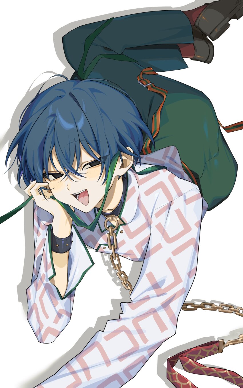 1boy, absurdres, black_eyes, black_footwear, blank_eyes, blue_hair, blush, brown_socks