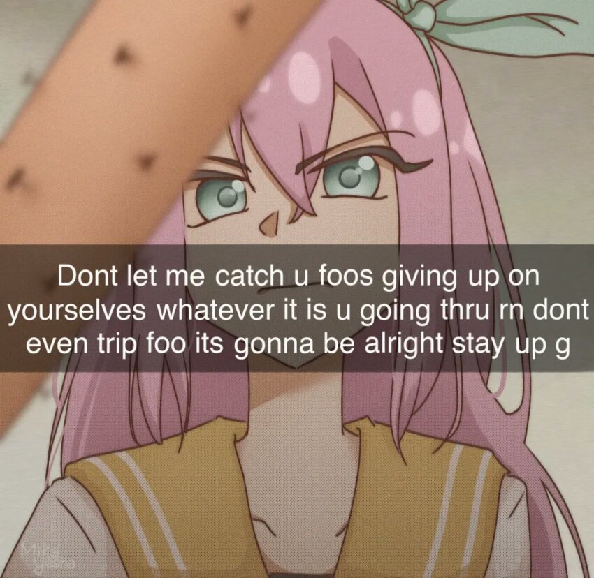 1girl, artist_name, aubrey_(faraway)_(omori), aubrey_(omori), baseball_bat, blue_eyes, closed_mouth, english_text, hairband, jacket, long_hair, looking_at_viewer, mika_yesha, nail_(hardware), nail_bat, omori, pink_hair, snapchat, solo, upper_body, white_jacket