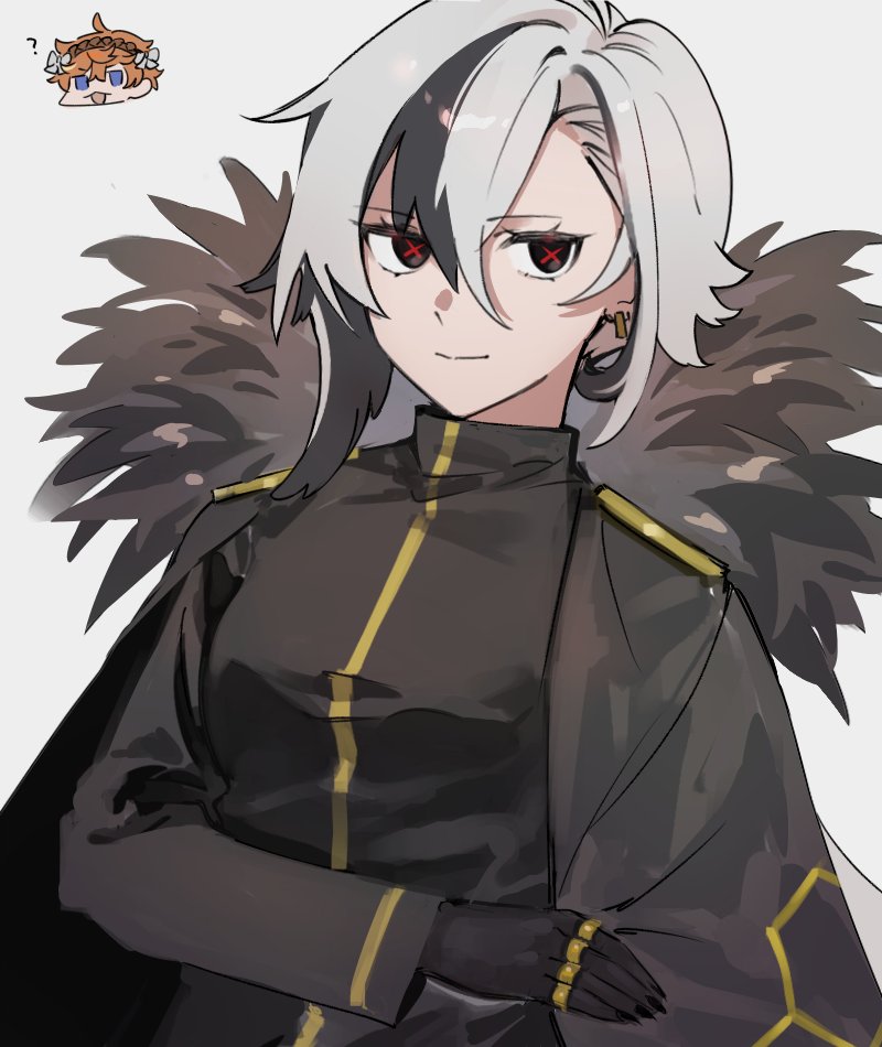 115_koubunshi, 1boy, 1girl, arlecchino_(genshin_impact), binah_(project_moon), binah_(project_moon)_(cosplay), black_cape, black_dress, black_eyes, black_nails, black_skin, cape, closed_mouth, colored_skin, cosplay, dress, earrings, genshin_impact, gold_trim, ishmael_(project_moon), ishmael_(project_moon)_(cosplay), jewelry, lobotomy_corporation, looking_at_viewer, multiple_rings, open_mouth, project_moon, ring, simple_background, smile, symbol-shaped_pupils, tartaglia_(genshin_impact), white_background, x-shaped_pupils