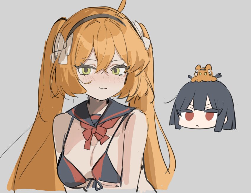 2girls, bikini, black_bikini, black_hair, black_hairband, black_sailor_collar, blush, bow